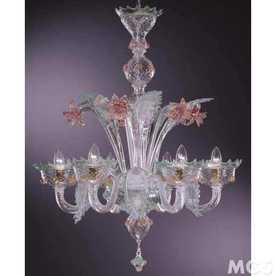 Anni Cinquanta Chandelier, Chandelier with ruby gold and aquamarine details at five lights