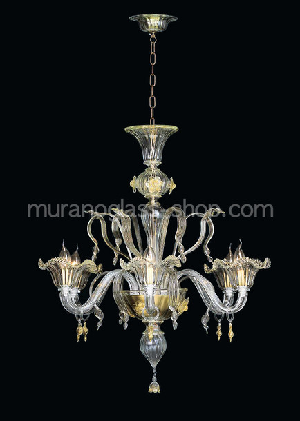 Chiesa Chandelier, Crystal and gold six lights chandelier