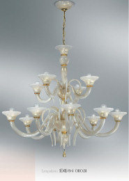 Chandelier at twelve lights in white and 24k gold glass
