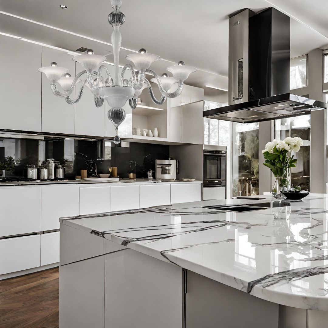 Modern kitchen with white Achaean chandelier