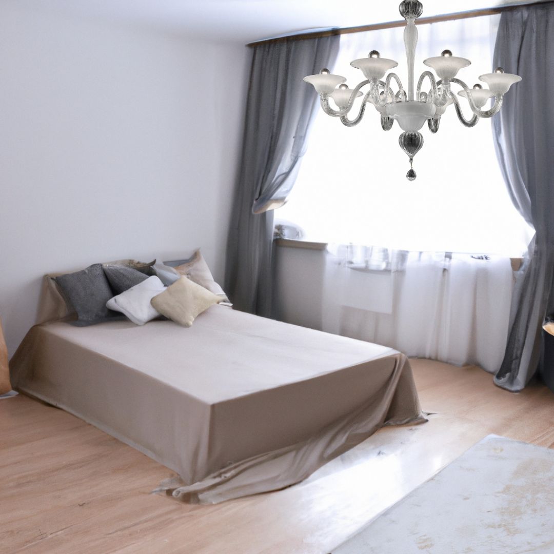 Minimalist bedroom with white chandelier