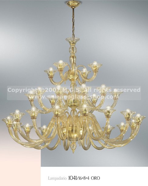 Guibet Chandelier, Crystal chandelier with amber decoration at twentyeight lights