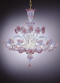 Chandelier in opal glass and pink decoration at five lights