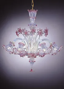 Chandelier in opal glass and pink decoration at five lights