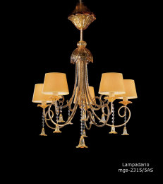 Chandelier amber decoration with lampshades at three lights