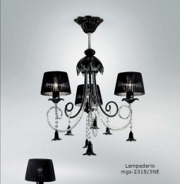 Black chandelier with lampshades at three lights