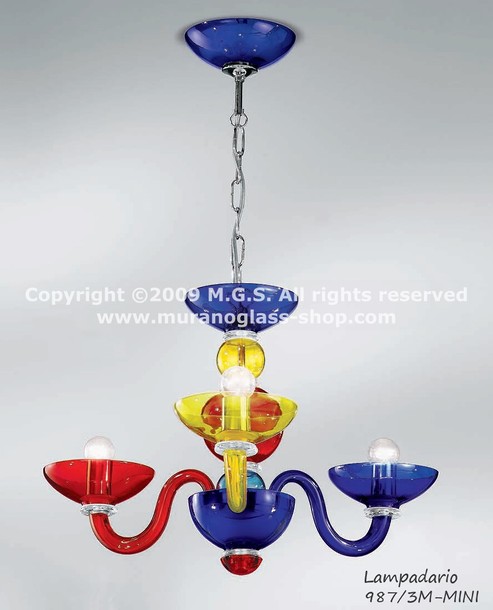987 Multi colored chandeliers, Mini multi colored chandelier at three lights