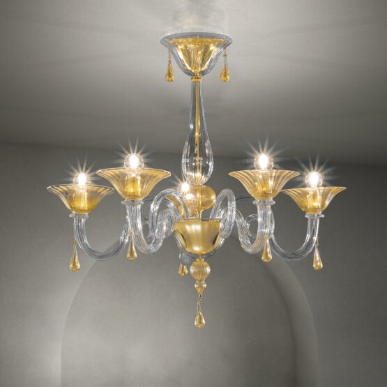 Dolfin Chandelier, Crystal chandelier with amber at three lights