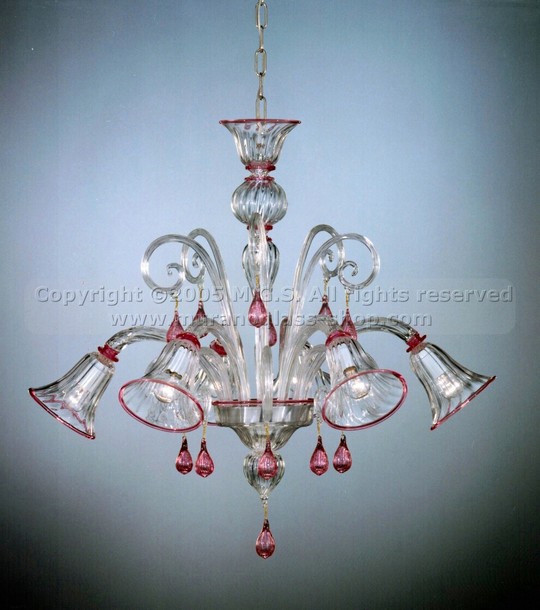 Murano Chandeliers 090 series, Crystalchandelier with ruby decoration at six lights