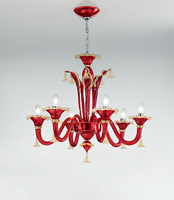 Red and gold chandelier at eight lights