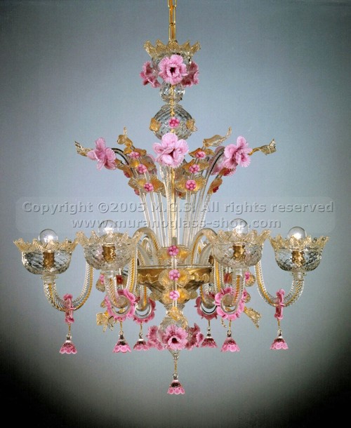 Murano Chandeliers 095 series, Crystal chandelier with gold decoration at six lights.