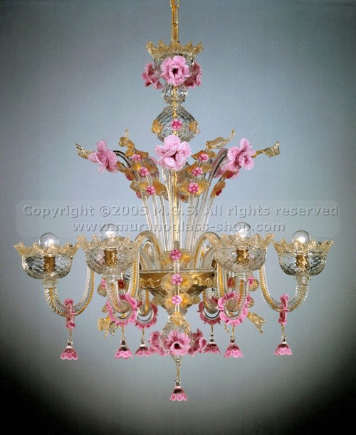 Murano Chandeliers 095 series, Crystal chandelier with gold decoration at six lights.
