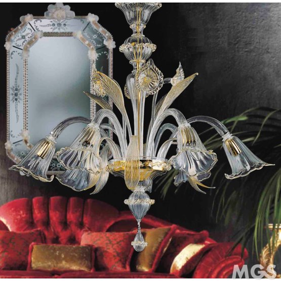 Lundgren Chandelier, Crystal and gold five lights chandelier