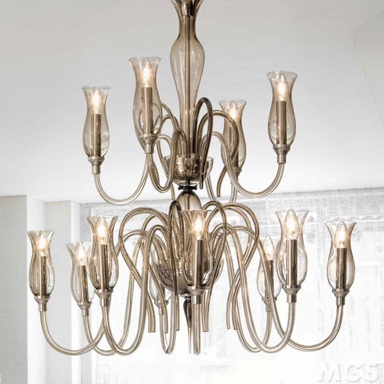 Teodato Chandelier, Crystal Chandelier with amber decoration at twelve lights