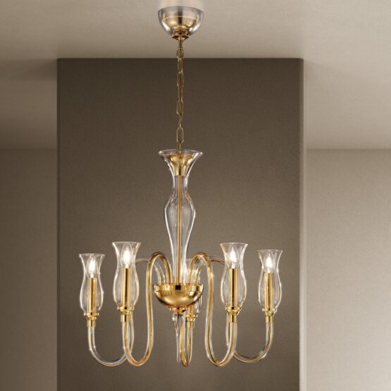 Aricò crosier Chandelier, Modern chandelier with amber decoration at five lights