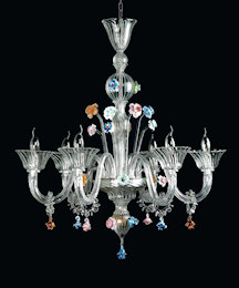 Crystal chandelier with details in colored paste at eight lights