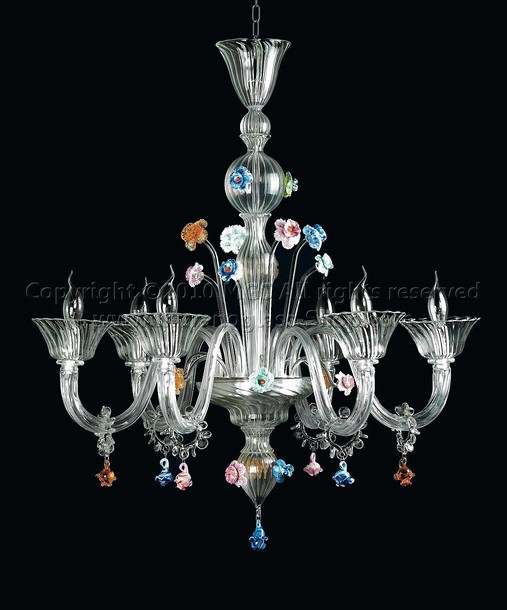 Ponti Chandelier, Crystal chandelier with details in colored paste at eight lights