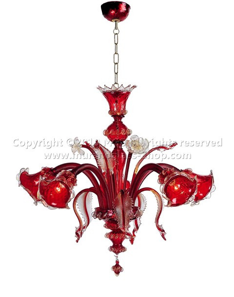 Vulcano Chandelier, Red and gold five lights chandelier