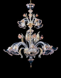 Crystal chandelier with gold decoration and pink details