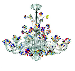 Crystal chandelier with colorful flowers at six lights