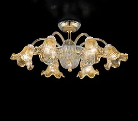 Six lights crystal and gold ceiling lamp with leaf