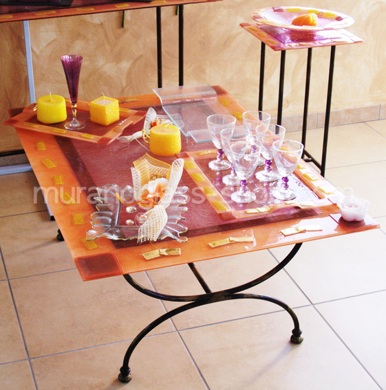 Glass Furniture Series 30, Glass table in salmon color with gold cards