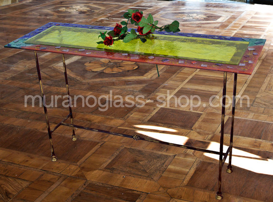 Glass Furniture Series 30, Console in blue, bordeaux, aquamarine and yellow color