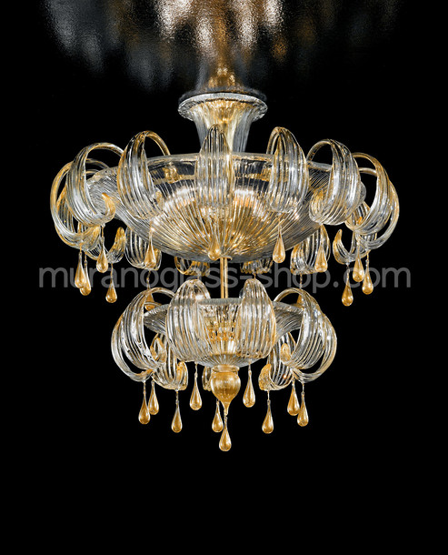 Gocce Ceiling light, Two floors crystal ceiling lamp with 24k gold decoration
