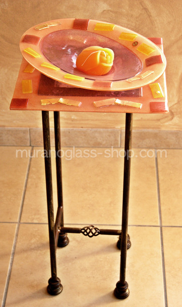 Glass Furniture Series 30, Telephone stand in salmon color glass and gold tiles