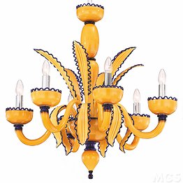 Chandelier yellow glass paste and outer edges with six lights