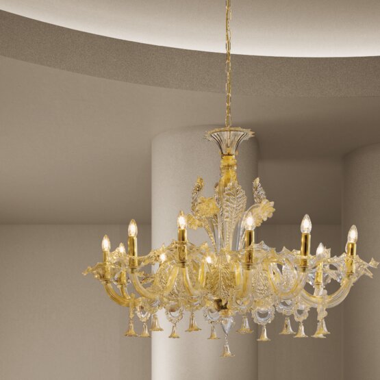 Giustinian Chandelier, Crystal chandelier with gold at twelve lights