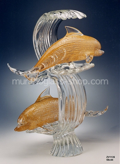 Pair of Dolphins 1136, Pair of dolphin on Crystal wave base