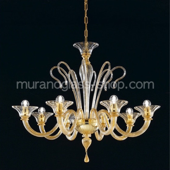 Koons Chandelier, Six lights crystal with 24k gold chandelier