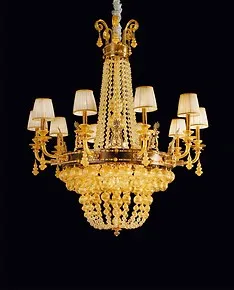 Chandelier with blown spheres in crystal and 24k gold, blued metal finish