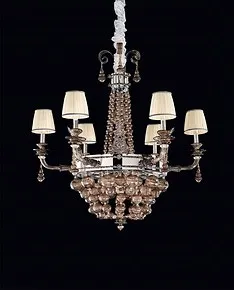 Chandelier with blown spheres in smoked crystal, silver metal finish