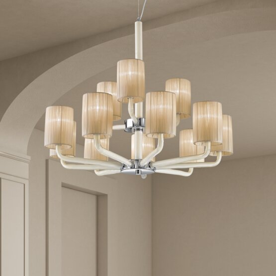 Can Can Chandelier, Chandelier with lampshades in milk white and ivory