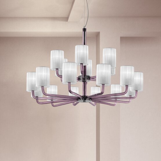 Can Can Chandelier, Crystal chandelier in blue color with lampshades in white color