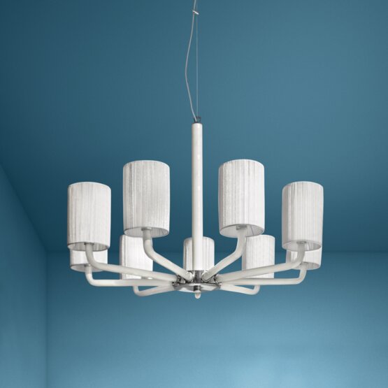 Can Can Chandelier, Chandelier with lampshades in milk white and amethyst