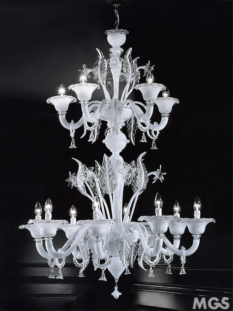 San Marco Chandelier, Crystal and white chandelier with 9 + 6 lights