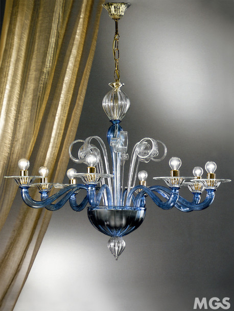 Paradiso chandelier, crystal chandelier blue details at eight lights