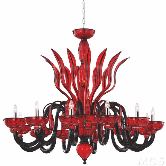 Black Line chandelier, Superb chandelier in red and black color with twelve lights