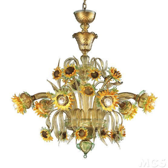 Sunflower chandelier, Chandelier in crystal and amber with beautiful sunflowers in colored paste.