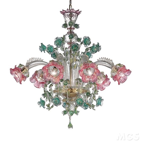 Flowered chandelier, Six-light chandelier in crystal and 24k gold