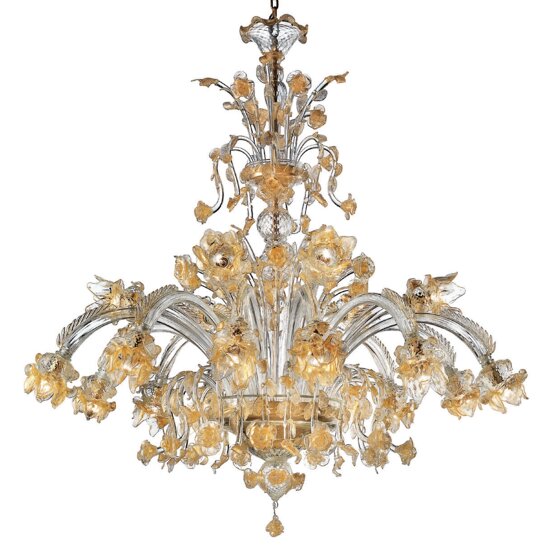 Flowered chandelier, Crystal and gold chandelier with gold and blue paste