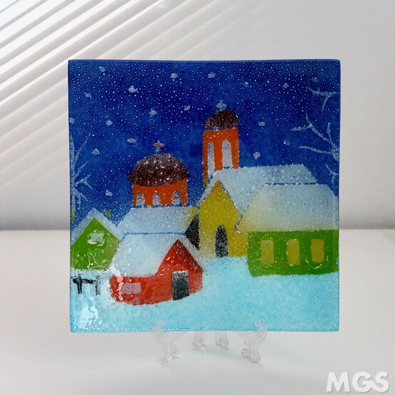 Snowy village Tray, Multicolored glass tray with a snowy village
