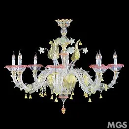 Crystal and gold Ca 'Rezzonico chandelier with pink and green decoration