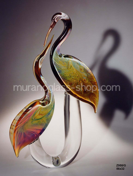 Pair herons, Stylized pair herons in chalcedony glass