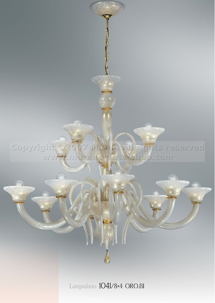 Guibet Chandelier, Chandelier at fifteen lights in white and 24k gold glass