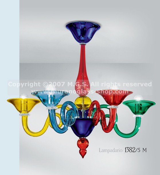 1382 Multi colored chandeliers, Multi colored chandelier at five lights