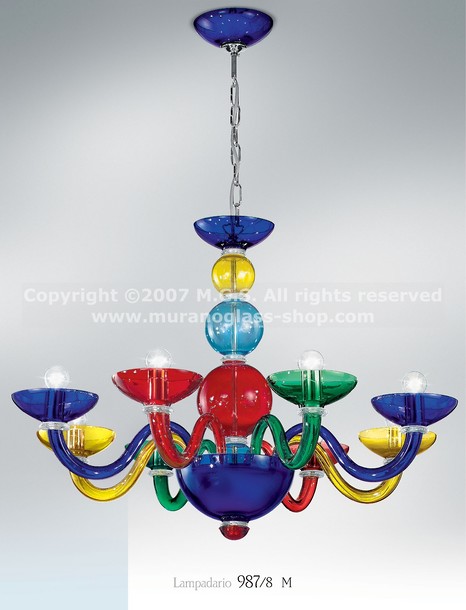 987 Multi colored chandeliers, Fiammingo style multi colored chandelier at six lights